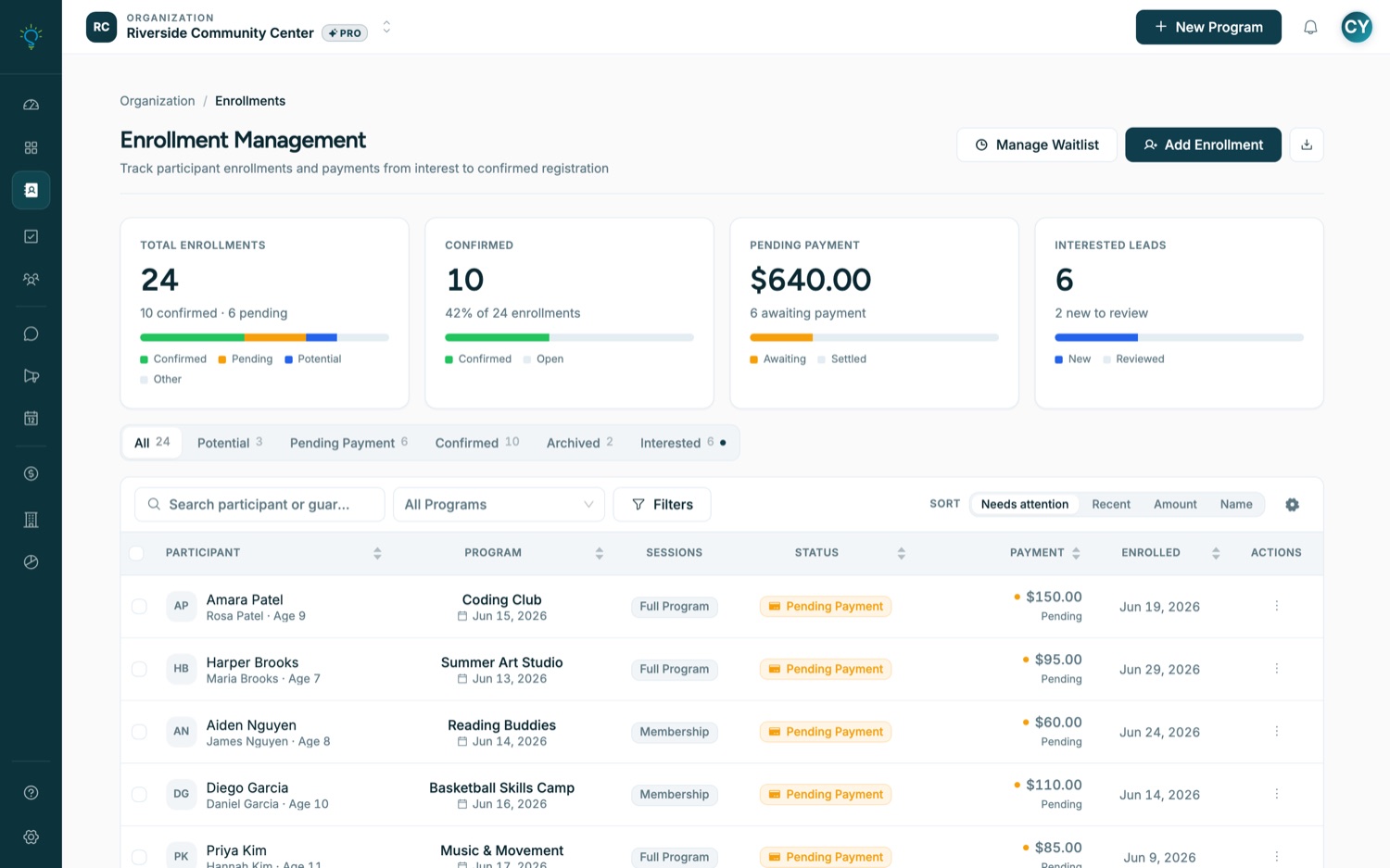 Assembly Enrollment Management screen listing participant registrations, payment status, and confirmed vs. pending totals