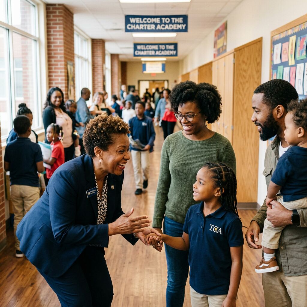 A school leader warmly welcoming families on a charter school campus