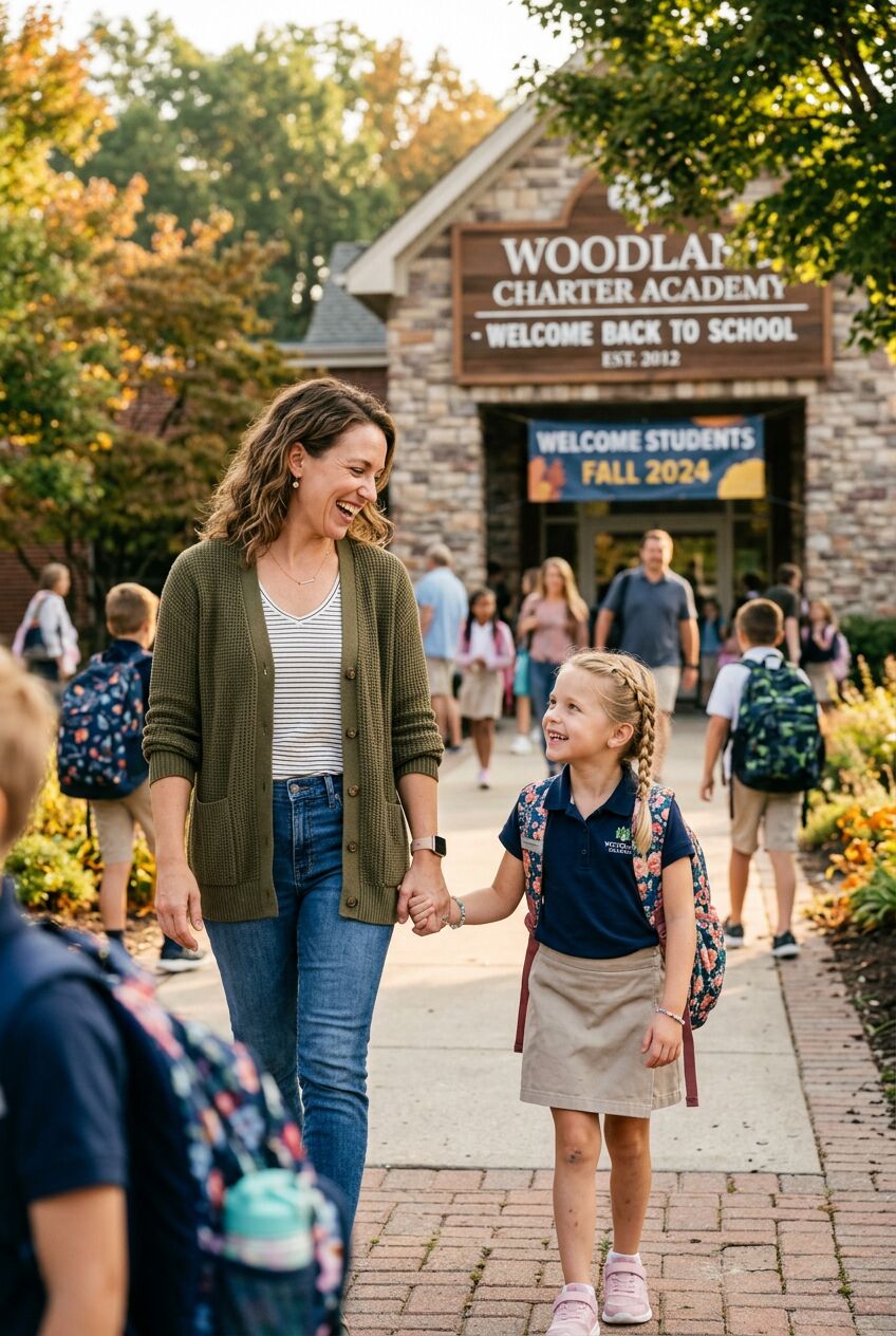 Families and students arriving at a welcoming school campus