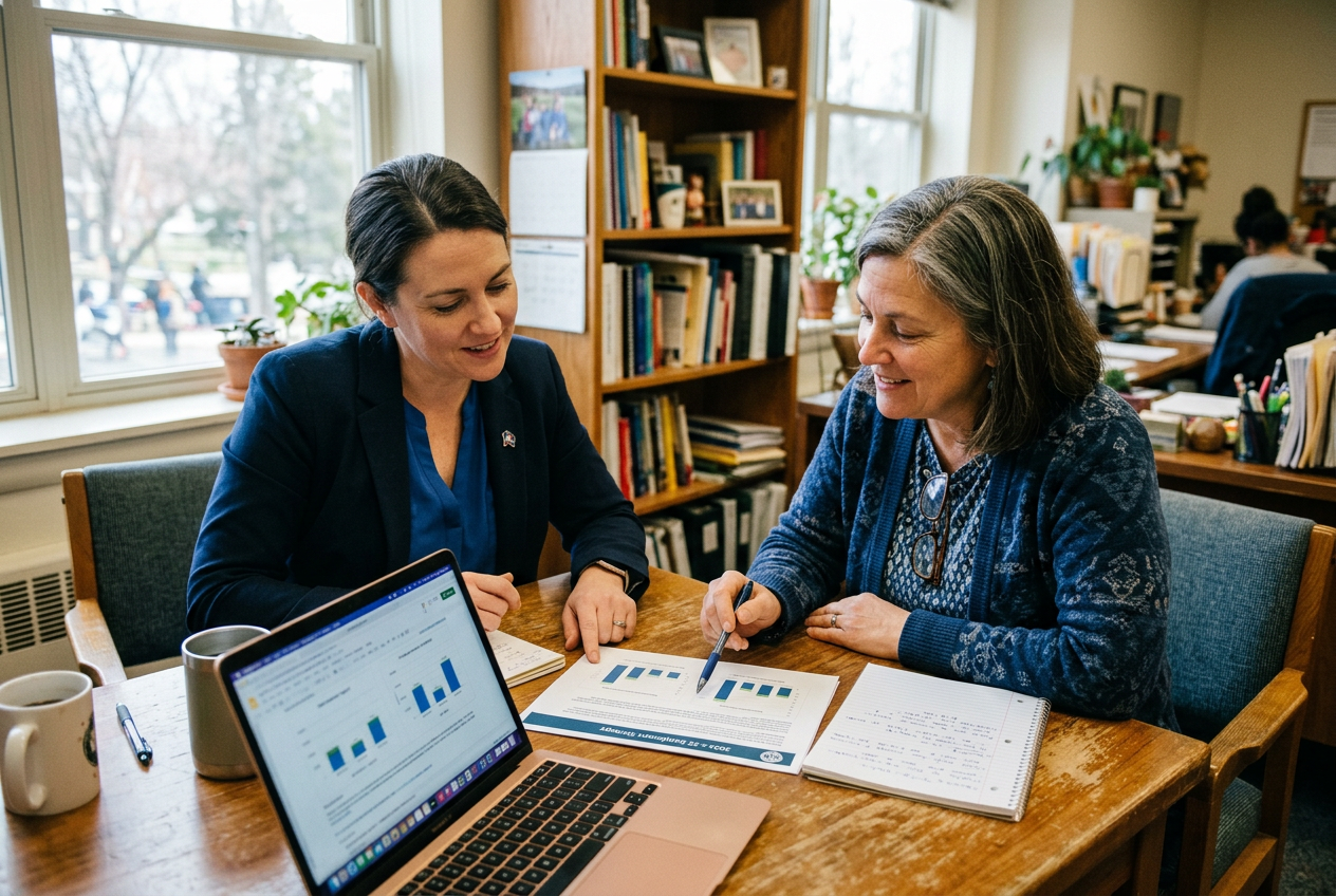 A ScholaOne Client Partner reviewing an enrollment plan one-on-one with a school principal