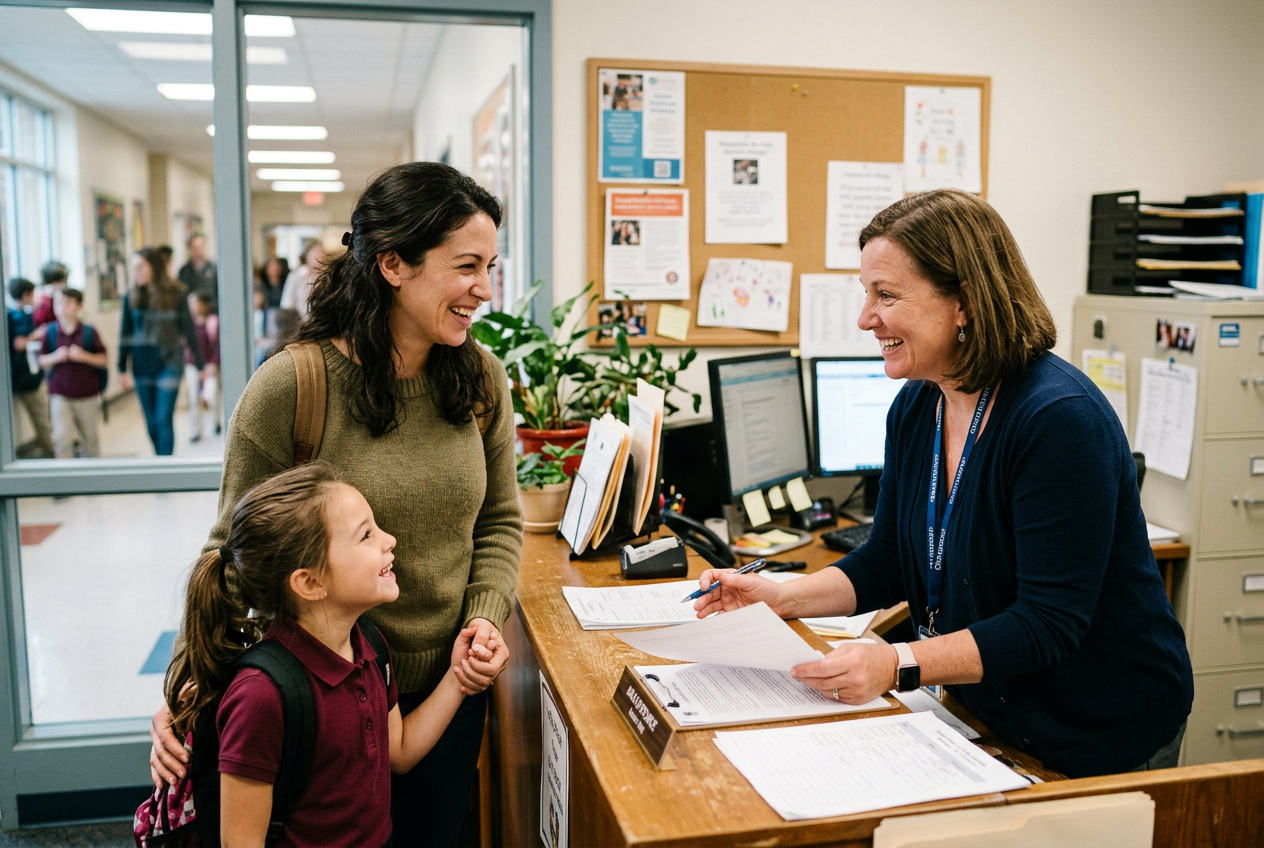 A family warmly greeted at a school front office — the first touchpoint in a Family Experience Audit